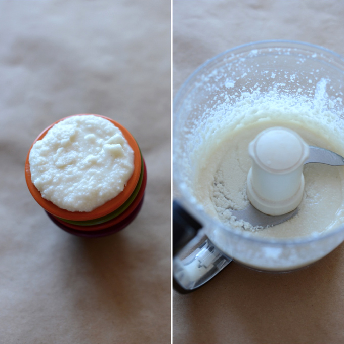 Food processor and bowl of coconut butter for making a delicious Nut Butter Spread recipe