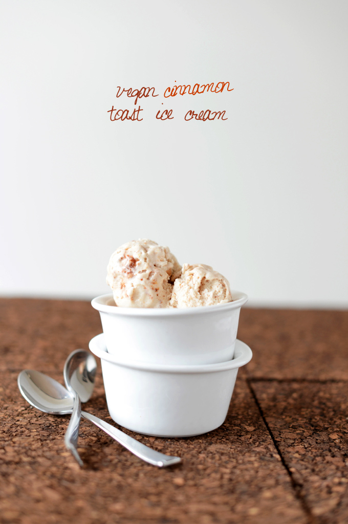Stacked bowls with the top one containing scoops of homemade Vegan Cinnamon Toast Ice Cream