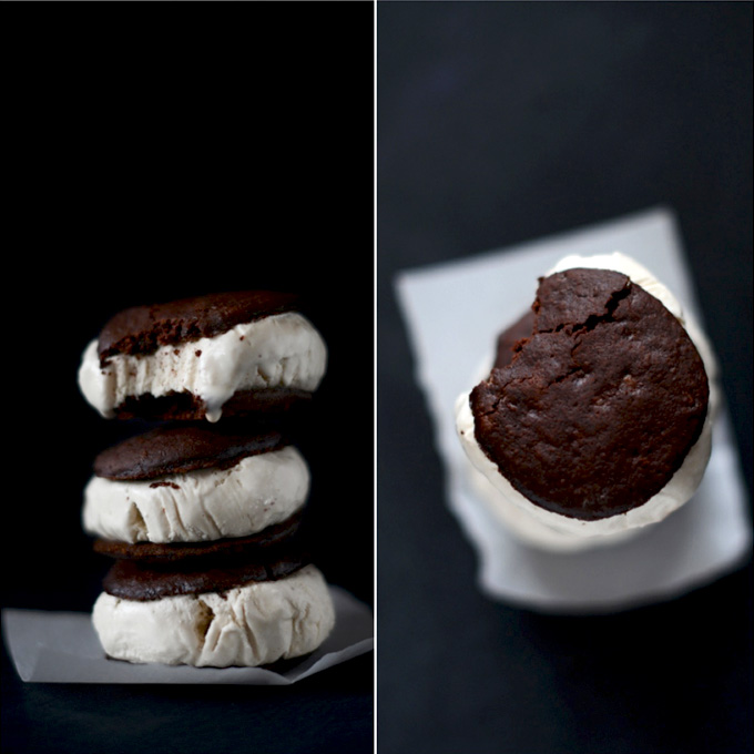 Stack of Vegan Coconut Coffee Ice Cream Sandwiches on a piece of parchment paper