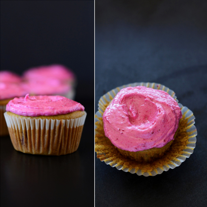 Side and top view of a Strawberry Cupcake made with beet frosting