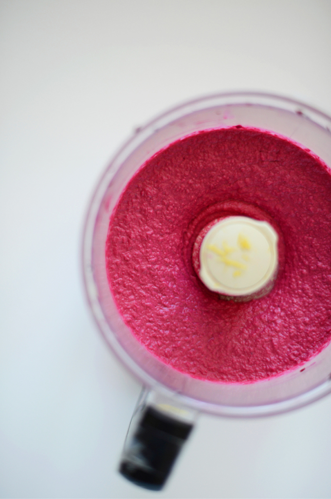 Food processor with freshly made Roasted Beet Hummus