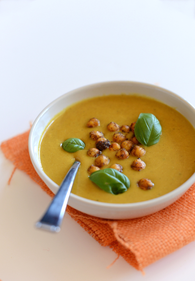 Close up shot of a bowl of our Sweet Potato Coconut Curry Soup recipe