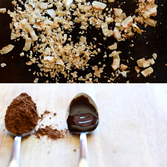 Toasted coconut, cocoa powder, and chocolate sauce for making Vegan Toasted Coconut Frappuccinos