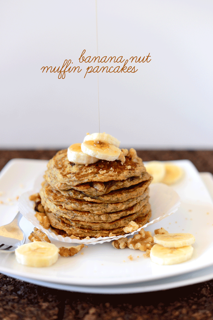 Drizzling syrup onto a batch of our Vegan Banana Nut Muffin Pancakes with Streusel
