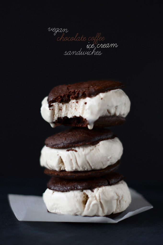 Stack of Vegan Chocolate Coffee Ice Cream Sandwiches with melting ice cream