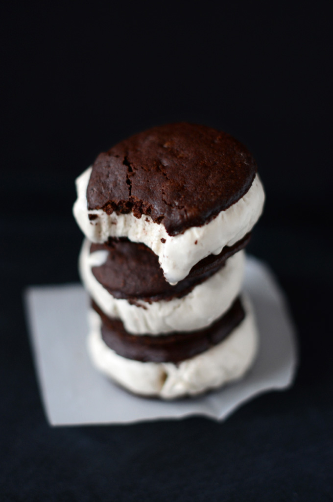 Stack of homemade Vegan Chocolate Coffee Ice Cream Sandwiches