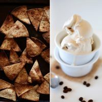 Vegan Dessert Nachos beside a bowl with scoops of Coconut Coffee Ice Cream