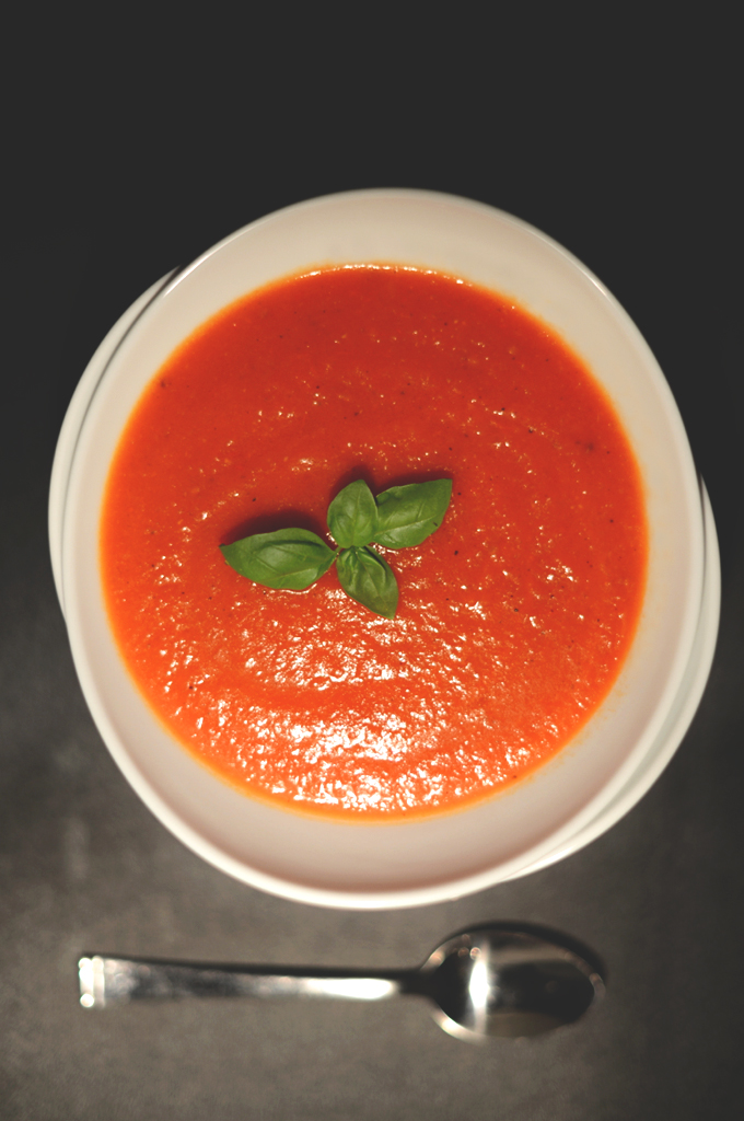 Big bowl of our simple Vegan Roasted Red Pepper Tomato Soup recipe