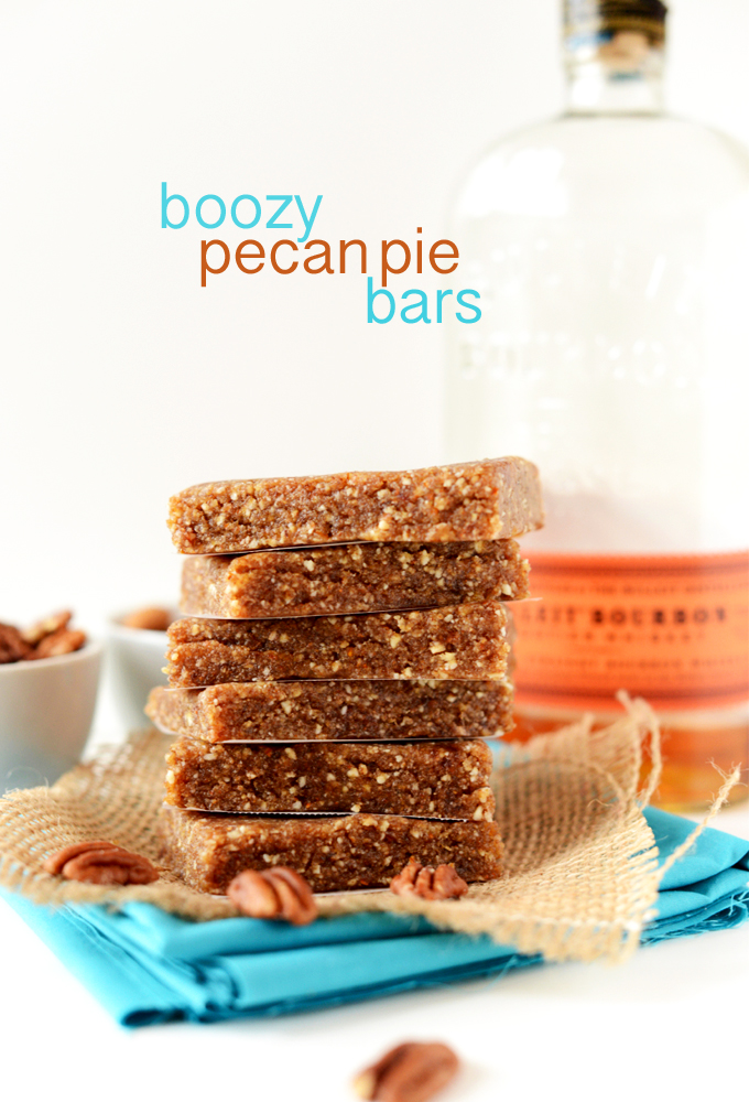 Stack of our Boozy Pecan Pie Bars recipe
