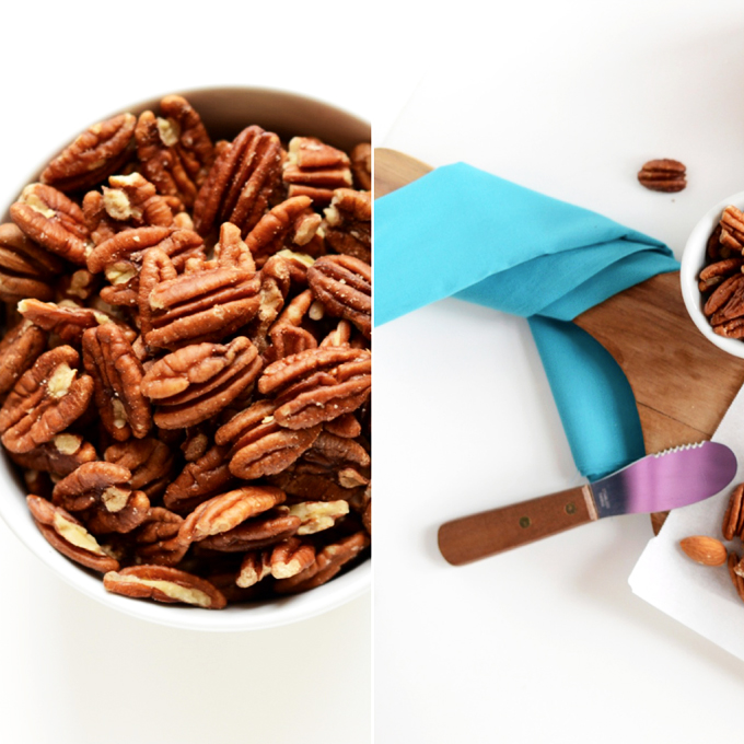 Bowl of pecans for making Boozy Pecan Pie Bars