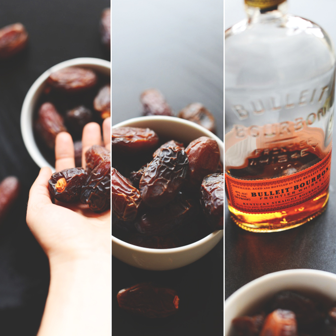 Soaking dates in bourbon to make Boozy Pecan Pie Bars