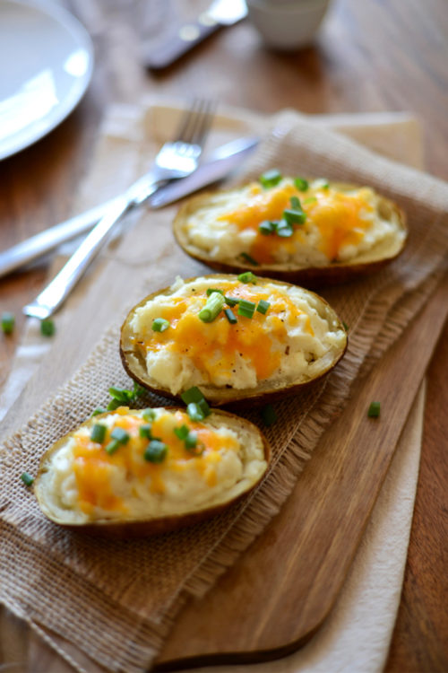 Cutting board of our Cauliflower Twice-Baked Potatoes recipe