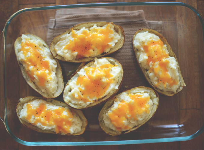 Pan filled with a batch of our Cheesy Baked Potatoes with Cauliflower