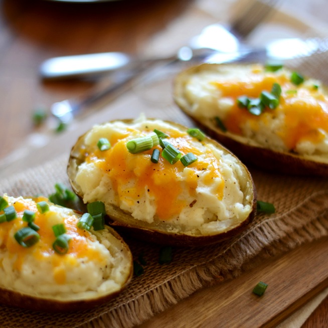 Close up shot of Cheesy Cauliflower Twice-Baked Potatoes