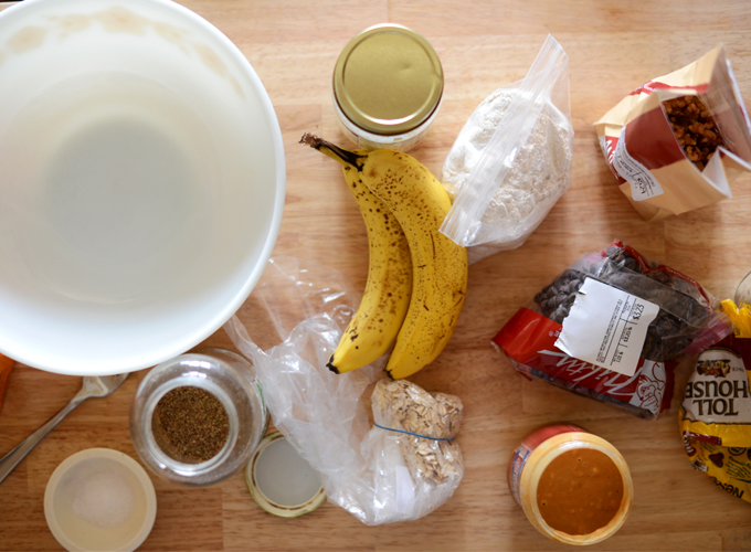 Ingredients scattered on a counter for making GF Vegan Breakfast Cookies