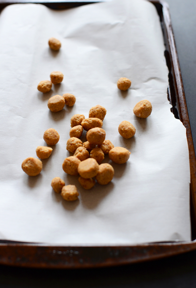 Pan of peanut butter balls for making Healthy Peanut Butter M&Ms