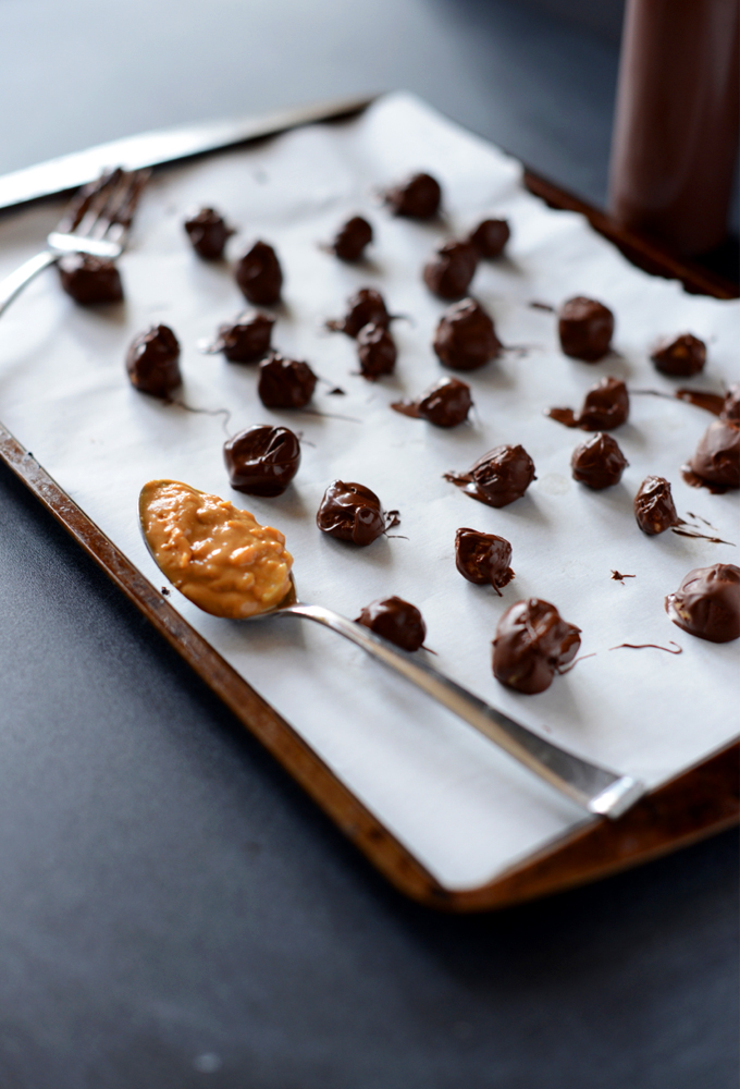 Tray of freshly dipped Homemade PB M&Ms for a simple dessert