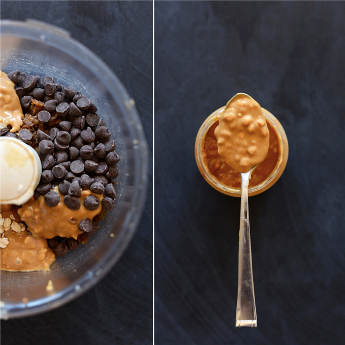 Spoonful of peanut butter and food processor with ingredients for No-Bake Cookie Bites