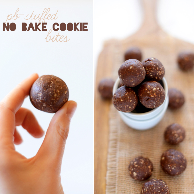 Holding up a Peanut Butter Stuffed Cookie Bite from a bowl of more of them