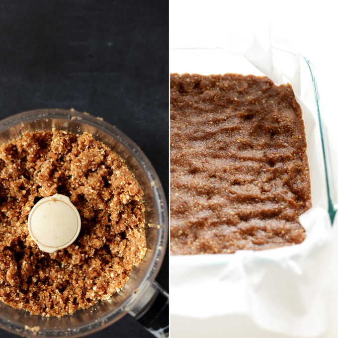 Food processor and pan filled with a batch of our vegan Pecan Pie Bars recipe