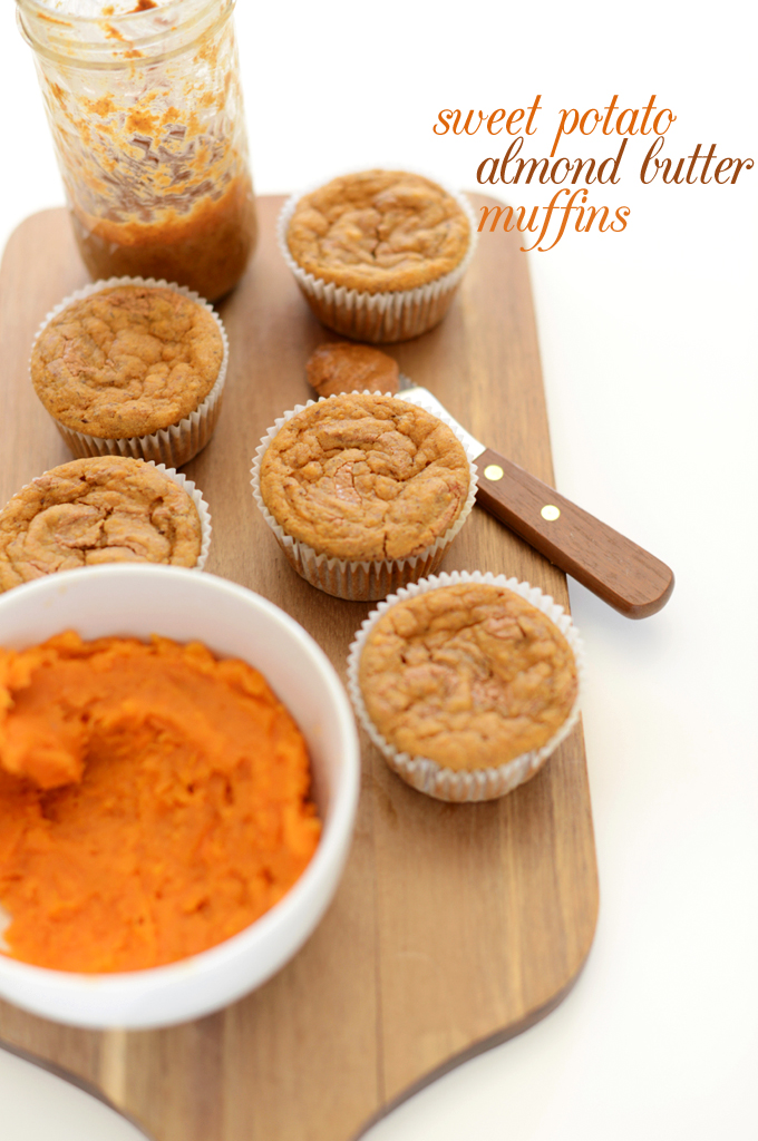 Cutting board with a batch of our Sweet Potato Almond Butter Snack Muffins