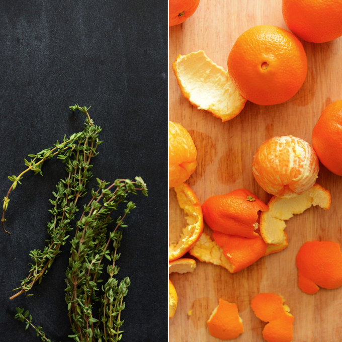 Fresh thyme and oranges for making homemade jam