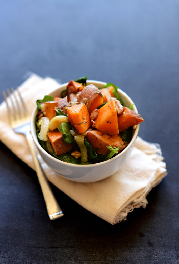 Bowl of Warm Sweet Potato Dill Spinach Salad