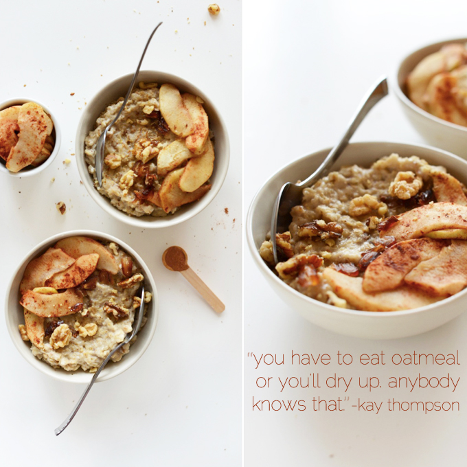Bowls of Apple Pie Oatmeal topped with walnuts