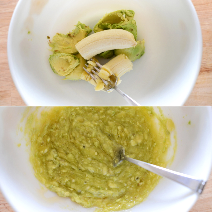 Mashing avocado and banana to make healthy homemade chocolate cake