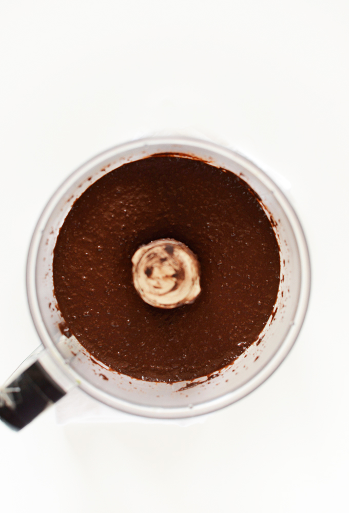 Food processor filled with batter for making Black Bean Brownies