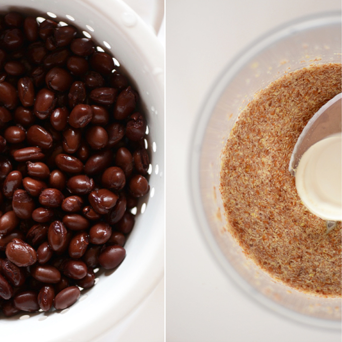 Colander of rinsed black beans and food processor of flaxseed meal for making black bean brownies