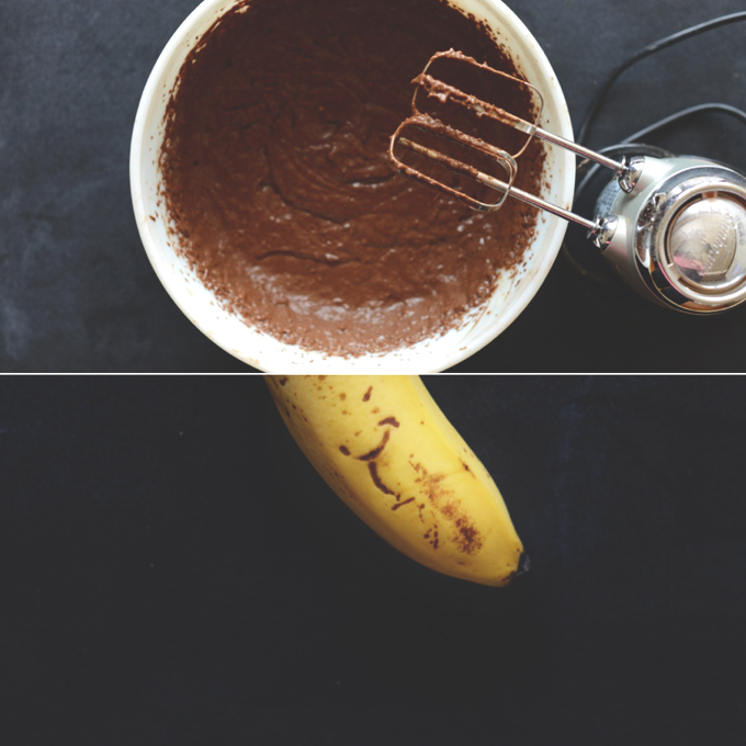 Using a hand mixer to stir Chocolate Cake batter made with banana