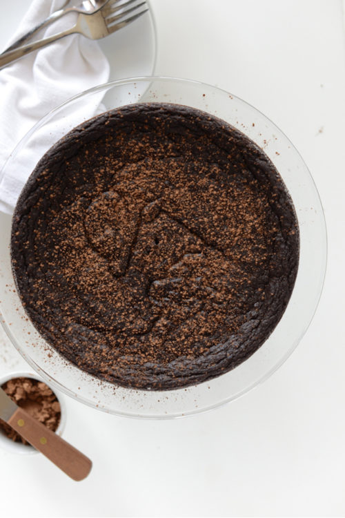 Platter of our Fudgy Gluten-Free Chocolate Cake made with avocado and banana