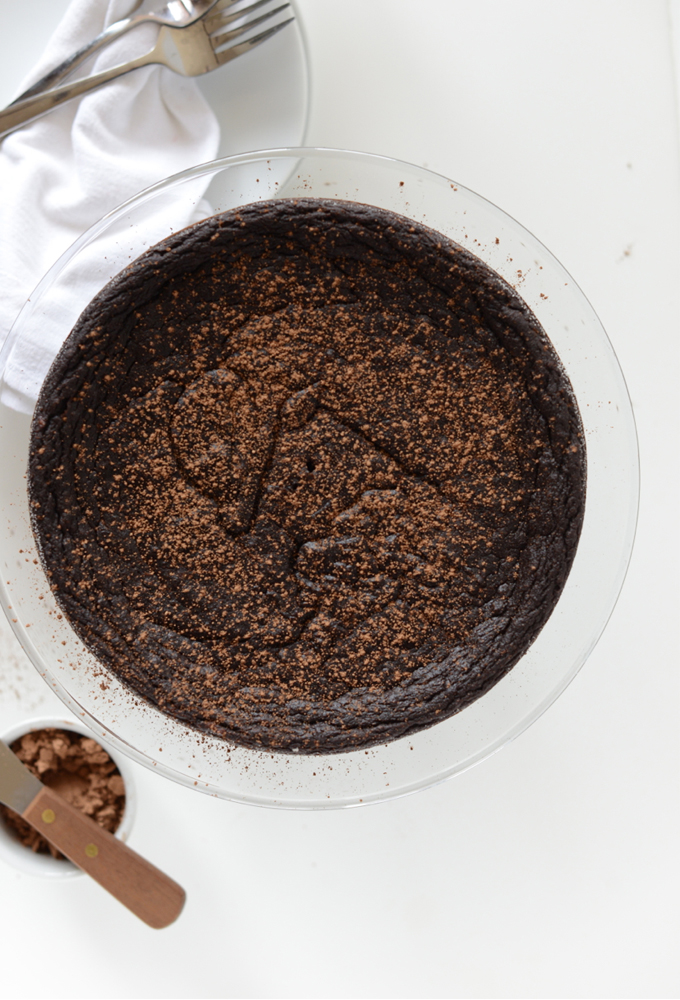 Fudgy Chocolate Pie Cake on a serving platter