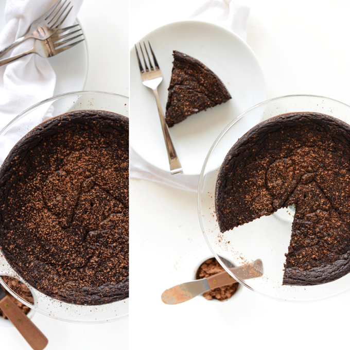 Plate and platter of our Fudgy Vegan Chocolate Cake recipe