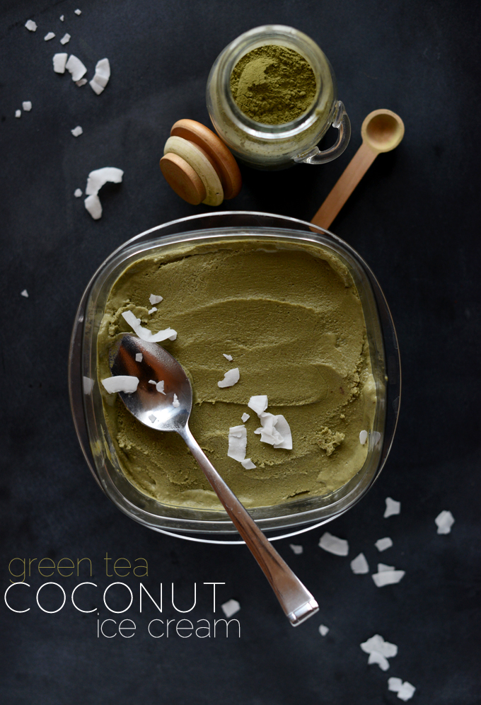 Tub of Green Tea Coconut Ice Cream topped with shaved coconut