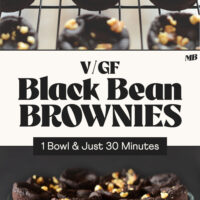Photos of our vegan gluten-free black bean brownies on a cooling rack and cake stand with text that says just 1 bowl and 30 minutes