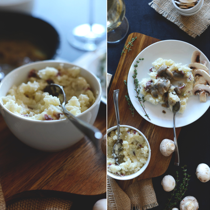Cutting board with a bowl and plate of Mashed Cauliflower Potatoes