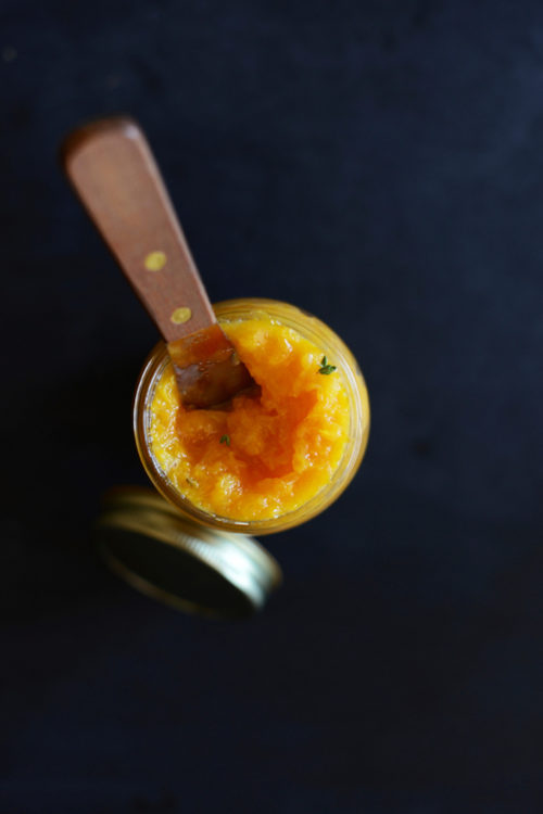 Jar of our simple Orange Thyme Jam made without pectin