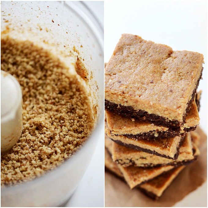 Food processor of peanut butter batter and stack of Peanut Butter Brownie Bars