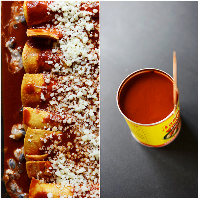 Can of enchilada sauce and pan of Black Bean Enchiladas