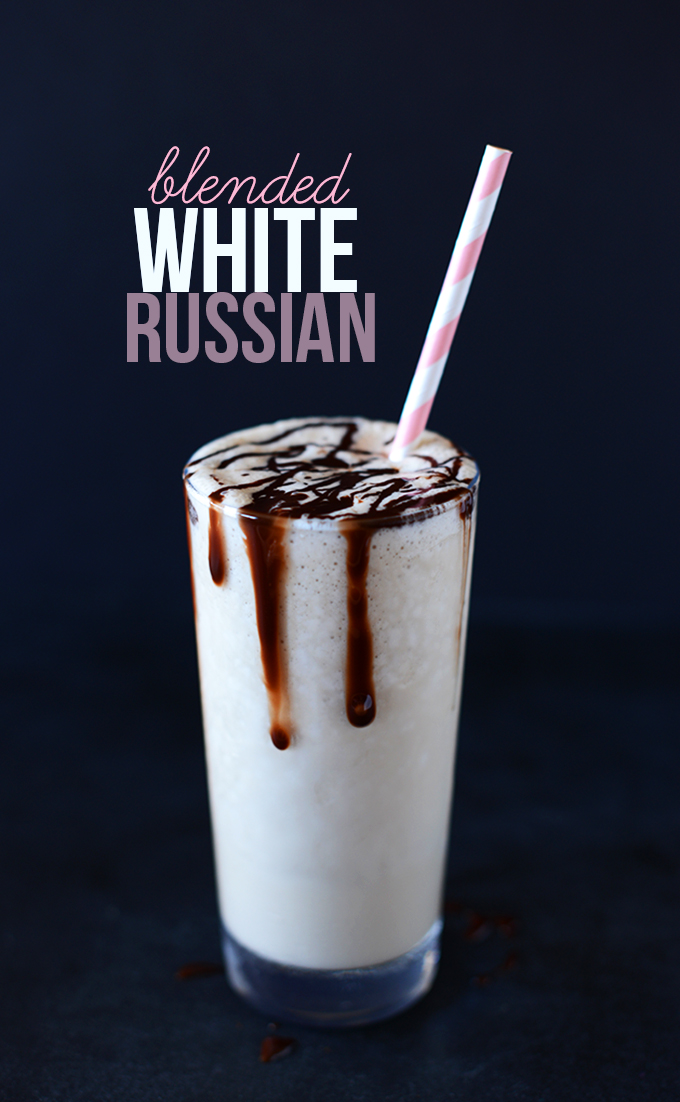 Tall glass filled with a batch of our Blended White Russian recipe