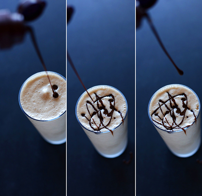 Drizzling chocolate sauce on a Vegan Blended White Russian