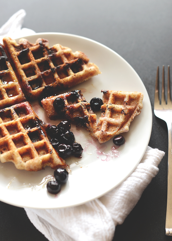 Plate with a Gluten-Free Blueberry Lemon Waffle topped with extra blueberries
