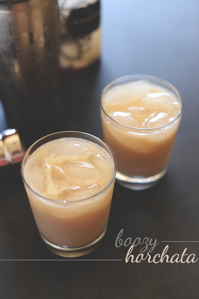 Two glasses of our Boozy Horchata recipe