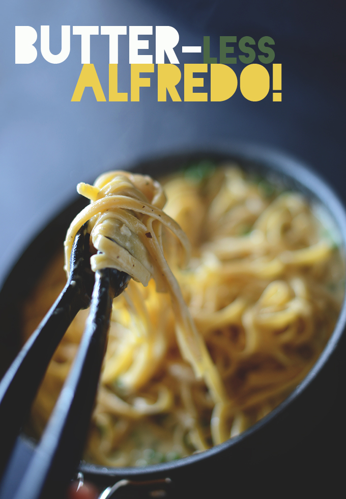 Holding up a bite of Butter-Less Alfredo sauce on noodles
