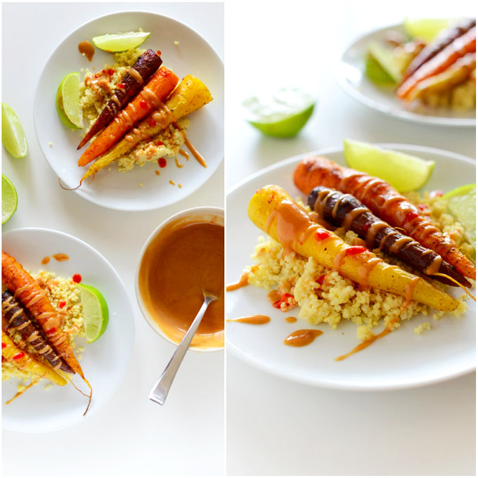Plates filled with a batch of our Curried Carrots with Peanut Sauce recipe