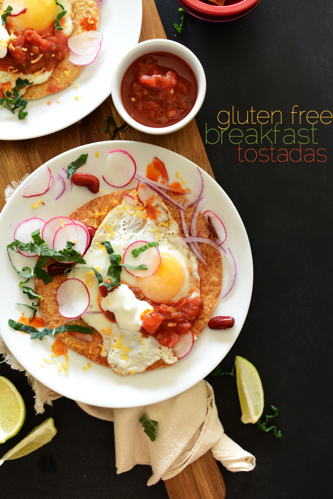 Big plates of our Gluten-Free Breakfast Tostadas recipe with salsa