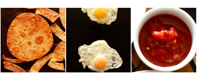 Brown rice tortillas, fried eggs, and salsa for making breakfast tostadas