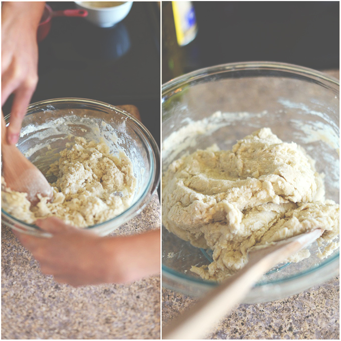 Using a wooden spoon to stir amazing homemade Gluten-Free Pizza Dough